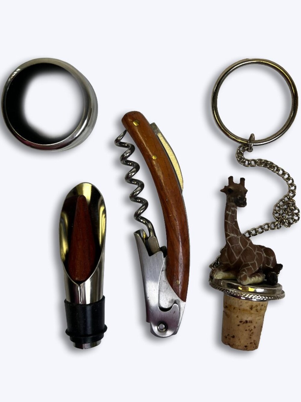4 Pc Vtg Wine Bar Tool Kit Set Wood Sommelier Corkscrew Giraffe Bottle Stopper